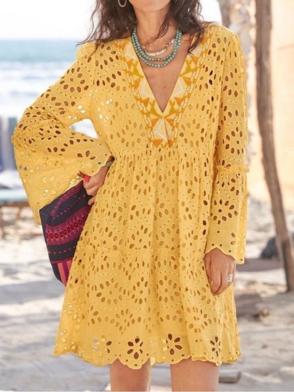 Sundance Yellow Eyelet V-Neck Swim Cover-Up
